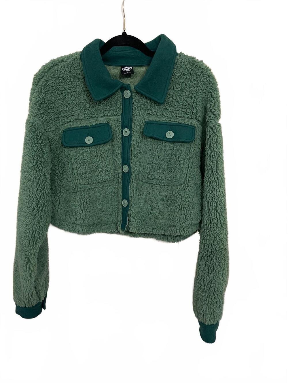PacSun Cropped Green Sherpa Fleece Button-Up Jacket, Collar and Chest Pockets